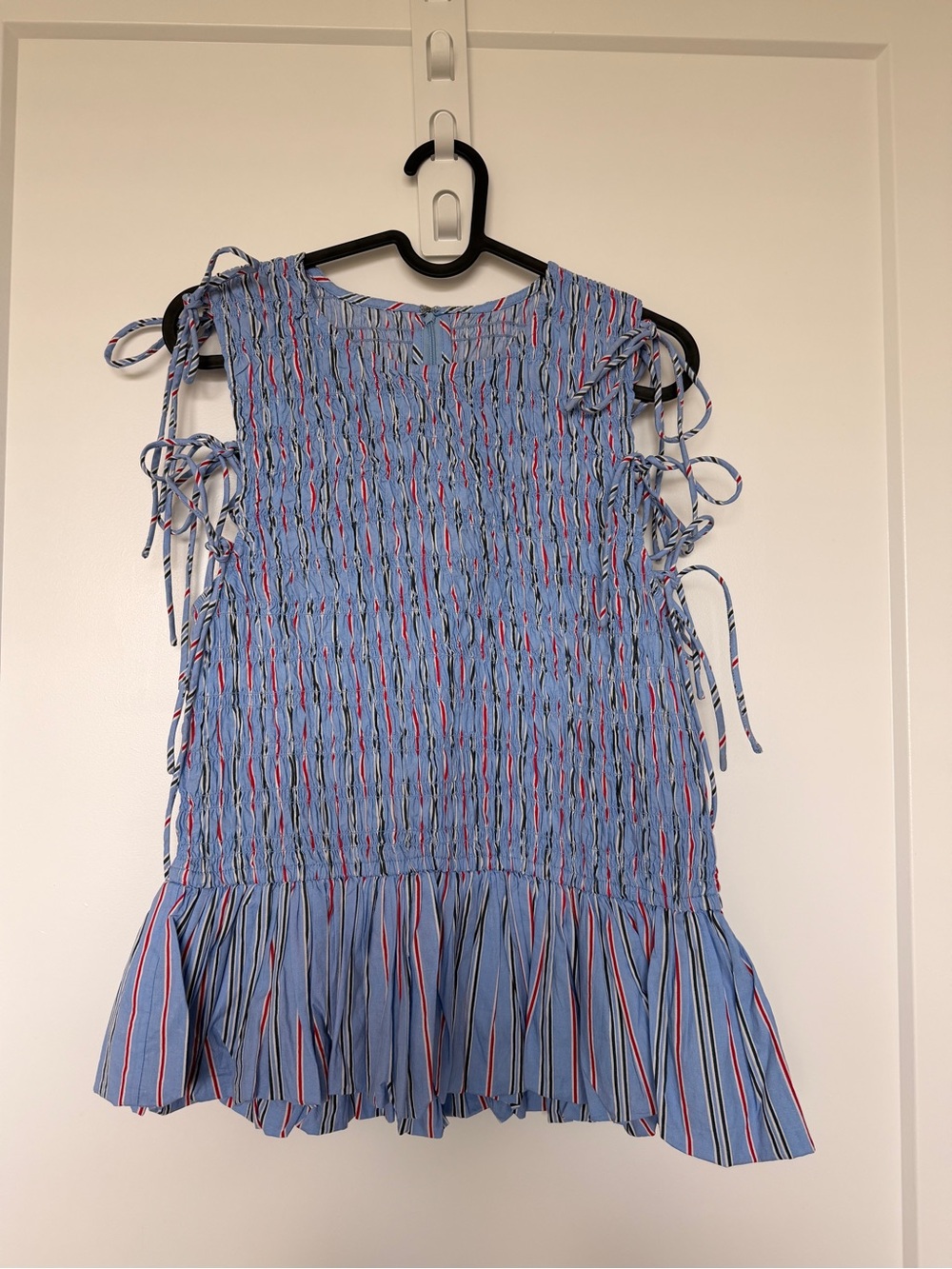 DAMSON MADDER Women’s Blue Striped Tie-Sleeve Smocked Top Becca Blouse